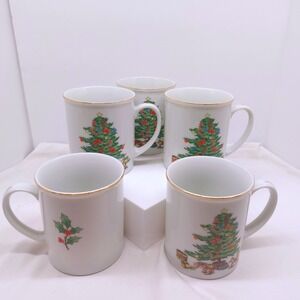 Vtg MCM Set of 5 Holiday hostess Coffee Cups Christmas Tree Holly Made In Japan‎